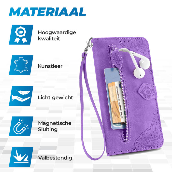 JVS Products iPhone 16 hoesje - Bookcase - Koord - Pasjeshouder - Portemonnee - Bloemenpatroon - Kunstleer - Paars