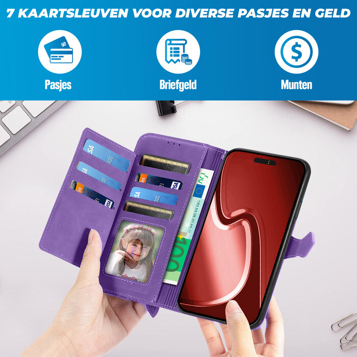 JVS Products iPhone 16 hoesje - Bookcase - Koord - Pasjeshouder - Portemonnee - Bloemenpatroon - Kunstleer - Paars
