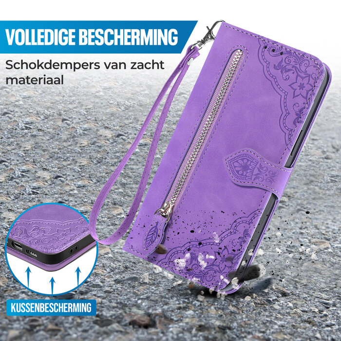 JVS Products iPhone 16 hoesje - Bookcase - Koord - Pasjeshouder - Portemonnee - Bloemenpatroon - Kunstleer - Paars