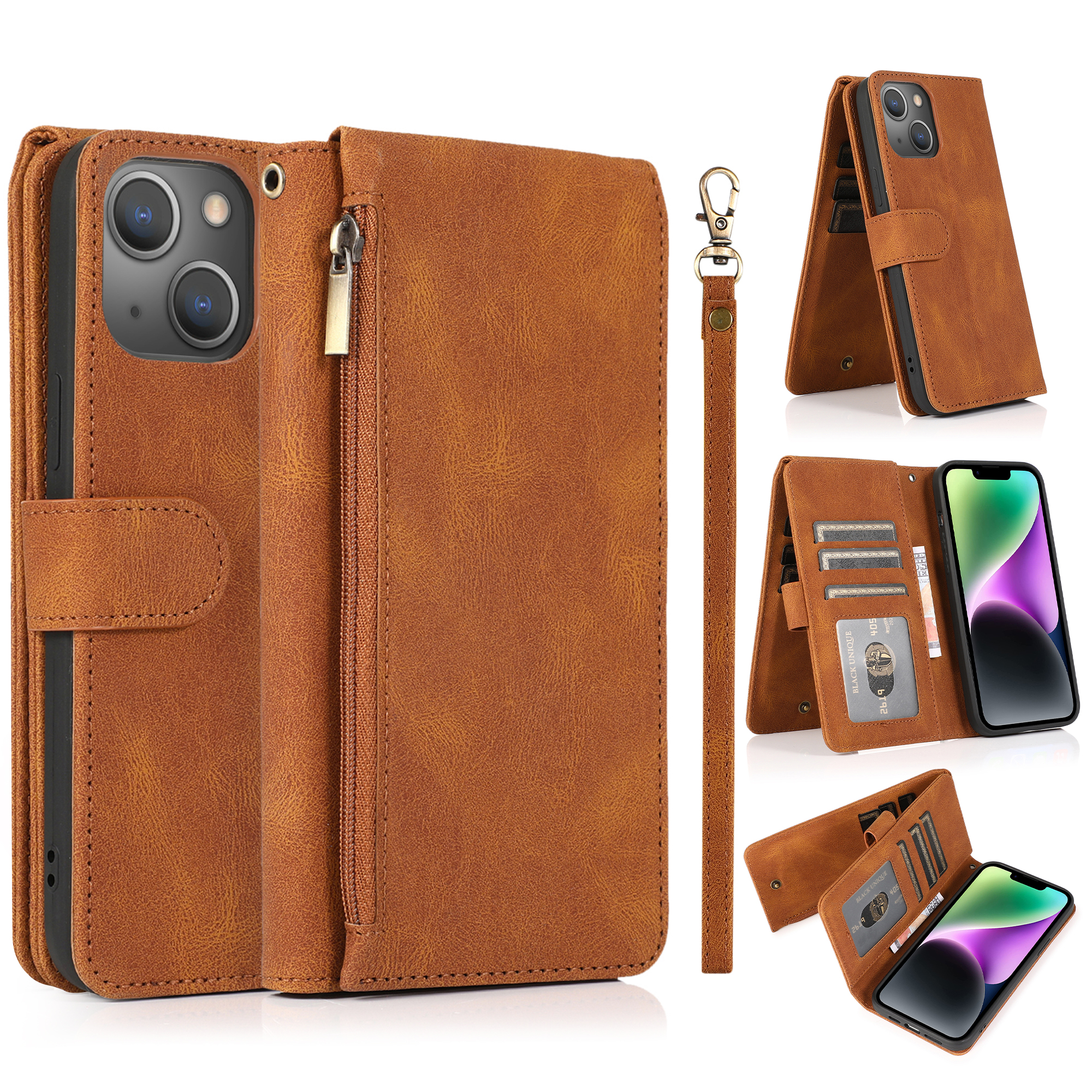 iPhone 16 hoesje - Bookcase - Pasjeshouder - Portemonnee - Rits - Kunstleer - Bruin afbeelding