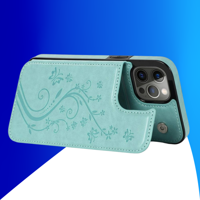 JVS Products iPhone 16 Pro hoesje - Backcover - Pasjeshouder - Portemonnee - Bloemenprint - Kunstleer - Turquoise