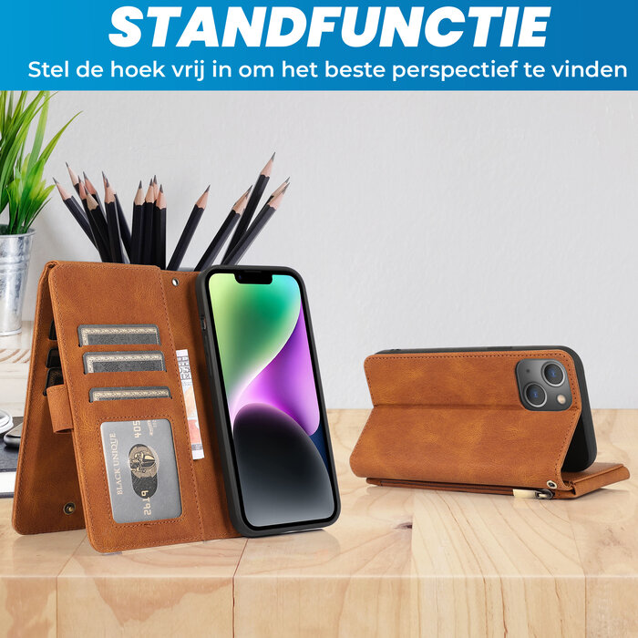 JVS Products iPhone 16 Plus hoesje - Bookcase - Pasjeshouder - Portemonnee - Rits - Kunstleer - Bruin