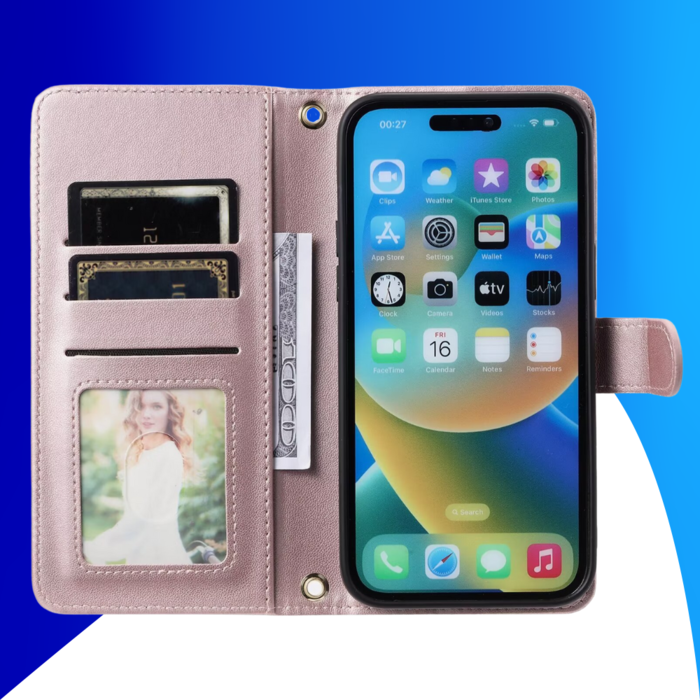 JVS Products iPhone 16 Pro hoesje - Bookcase - Pasjeshouder - Koord - Kunstleer - Rose Goud