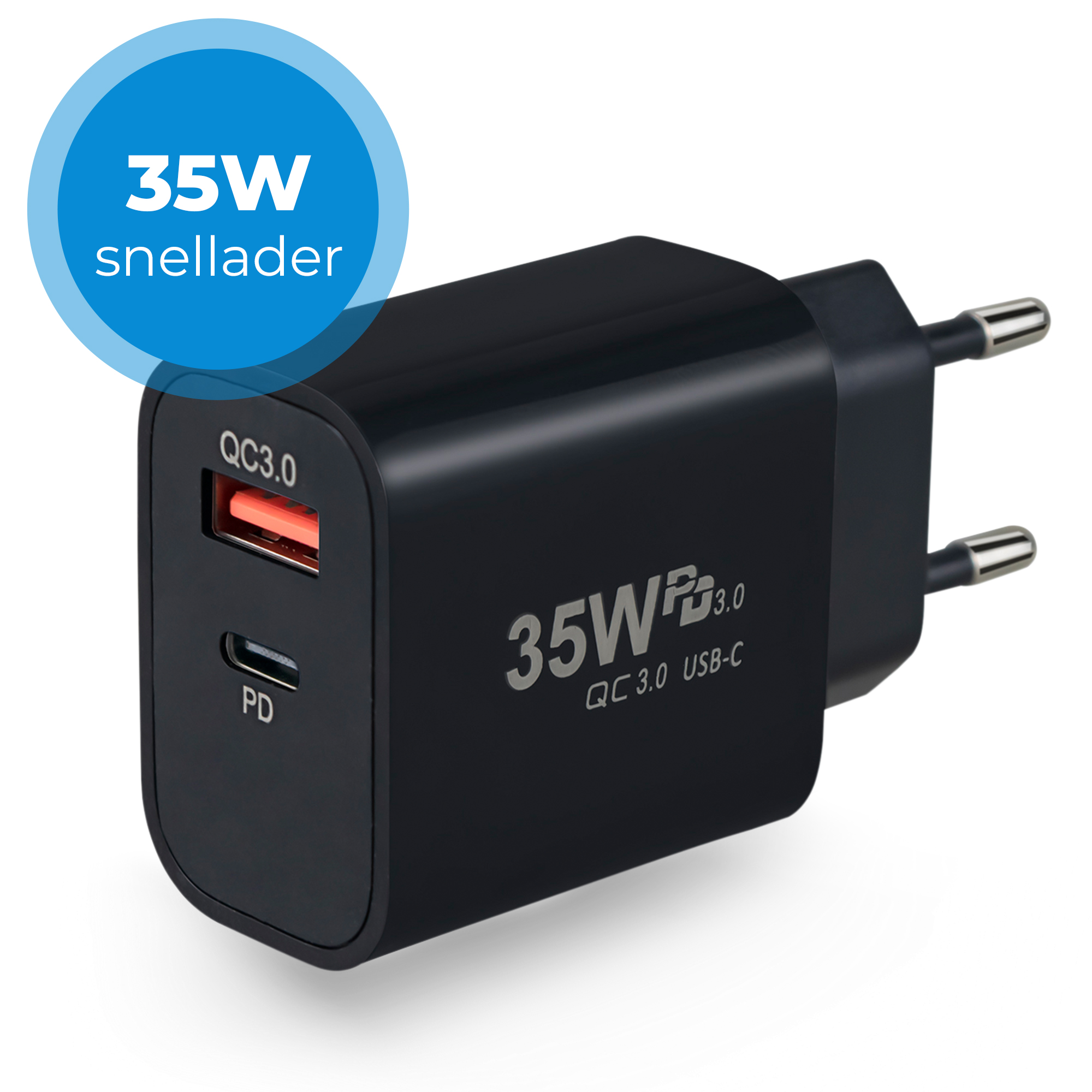 Snellader 35 Watt - 1x USB-C PD Fast Charge - 1x USB-A Quick Charge 3.0 - GaN Technologie - USB-C Adapter - Voor iPhone, Samsung, etc. - Zwart