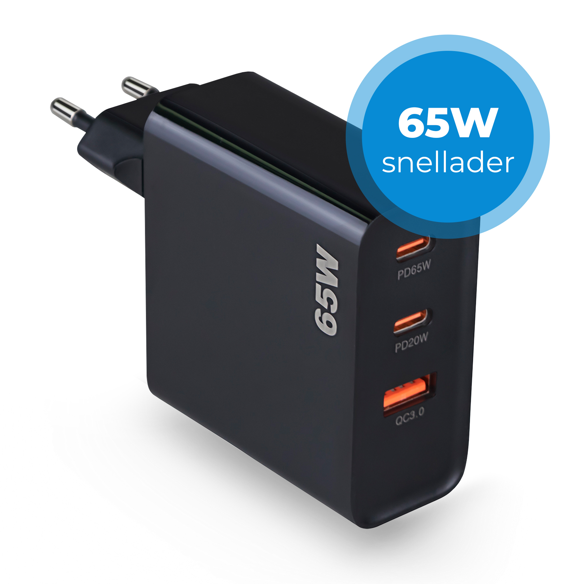 Snellader 65 Watt - 2x USB-C PD Fast Charge - 1x USB-A Quick Charge 3.0 - GaN Technologie - USB-C Adapter - Voor iPhone, Samsung, etc. - Zwart