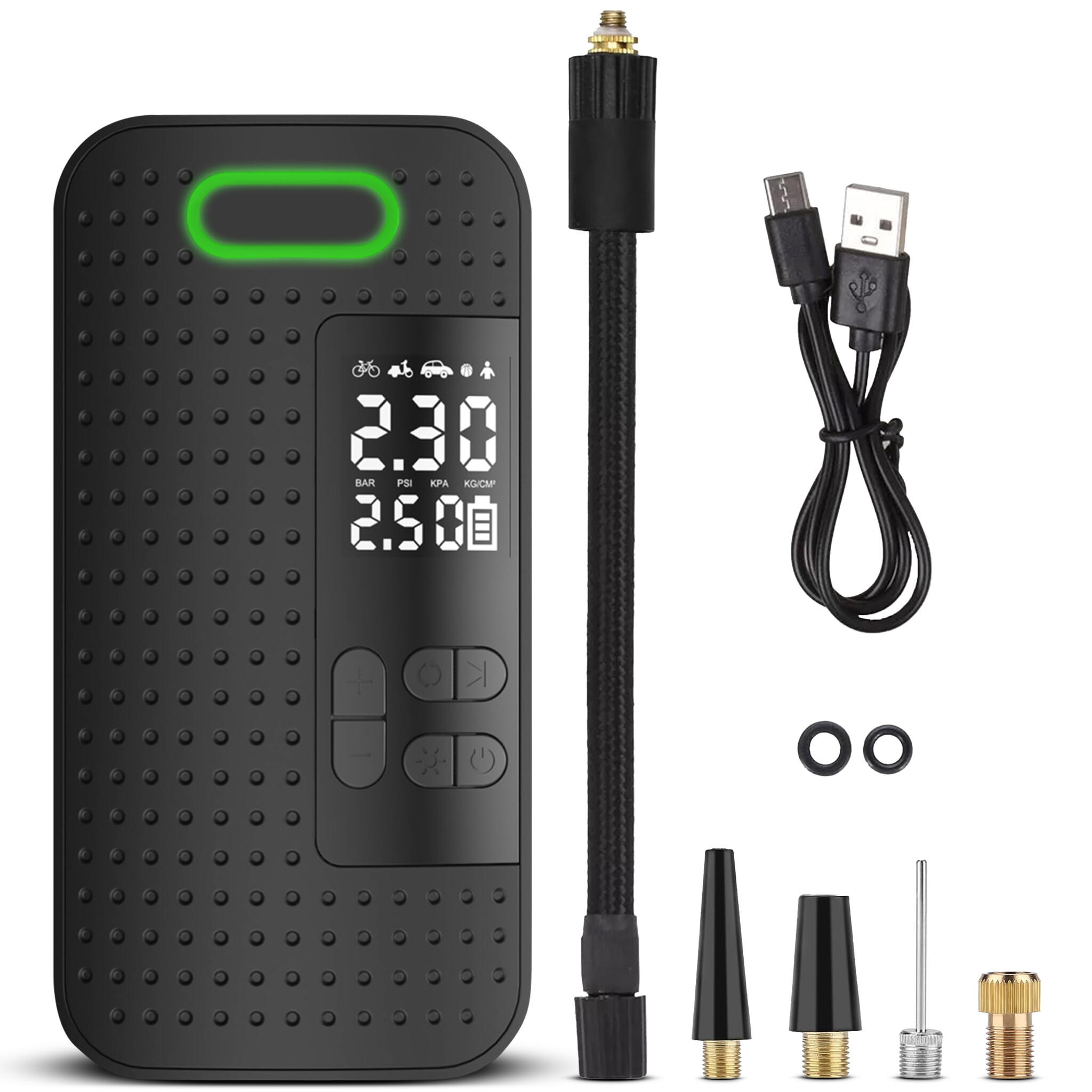 Luchtcompressor 4000 mAh - Elektrische fietspomp met Digitale Drukmeter - Oplaadbaar & Draadloos - Auto-Stop & LED Verlichting - Bandenpomp Voor Auto, Motor, Ballen & Zwembaden - Ballenpomp - Inclusief Opzetstukken en Reistas - Zwart afbeelding