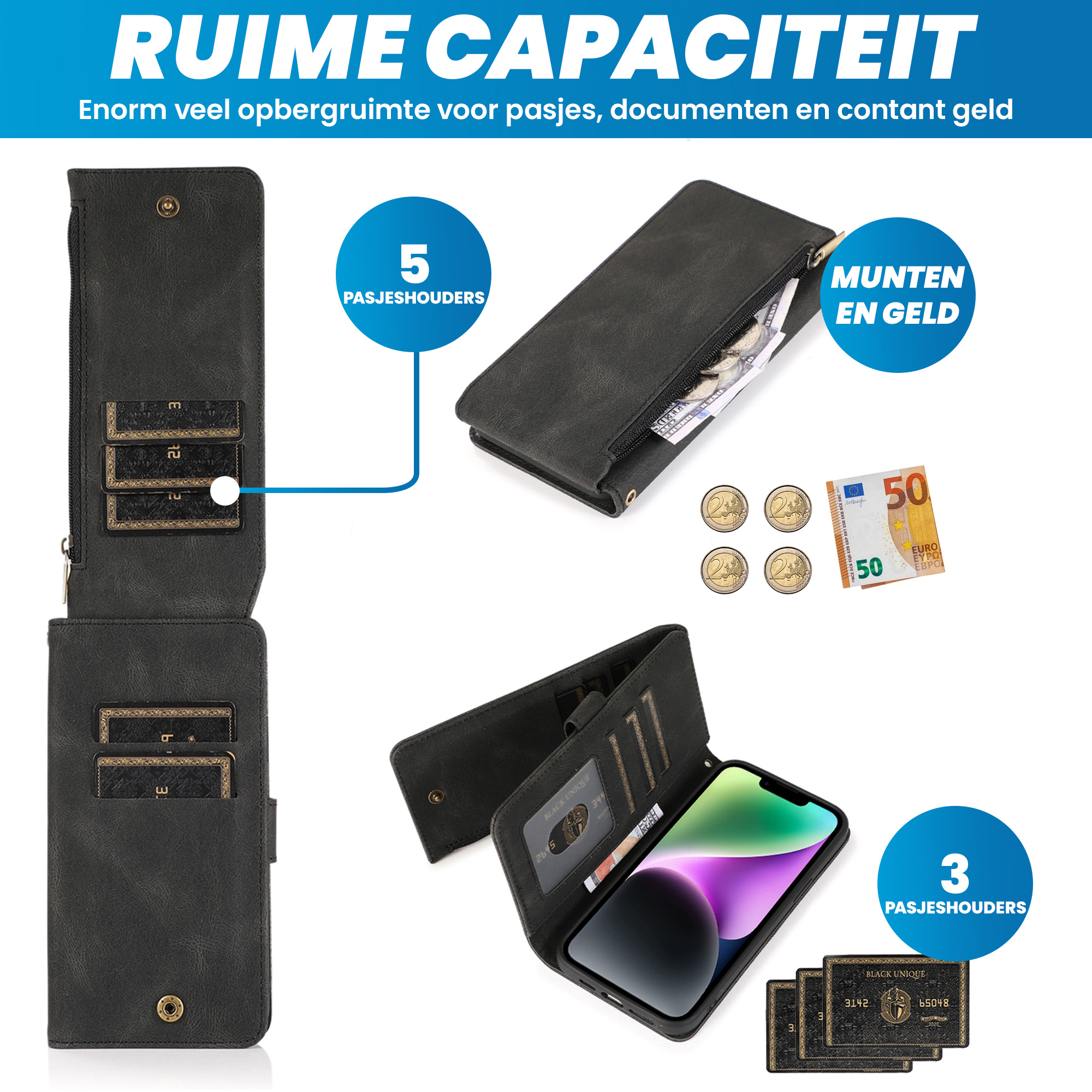 JVS Products Samsung Galaxy S25 Plus hoesje - Bookcase - Pasjeshouder - Portemonnee - Rits - Kunstleer - Zwart