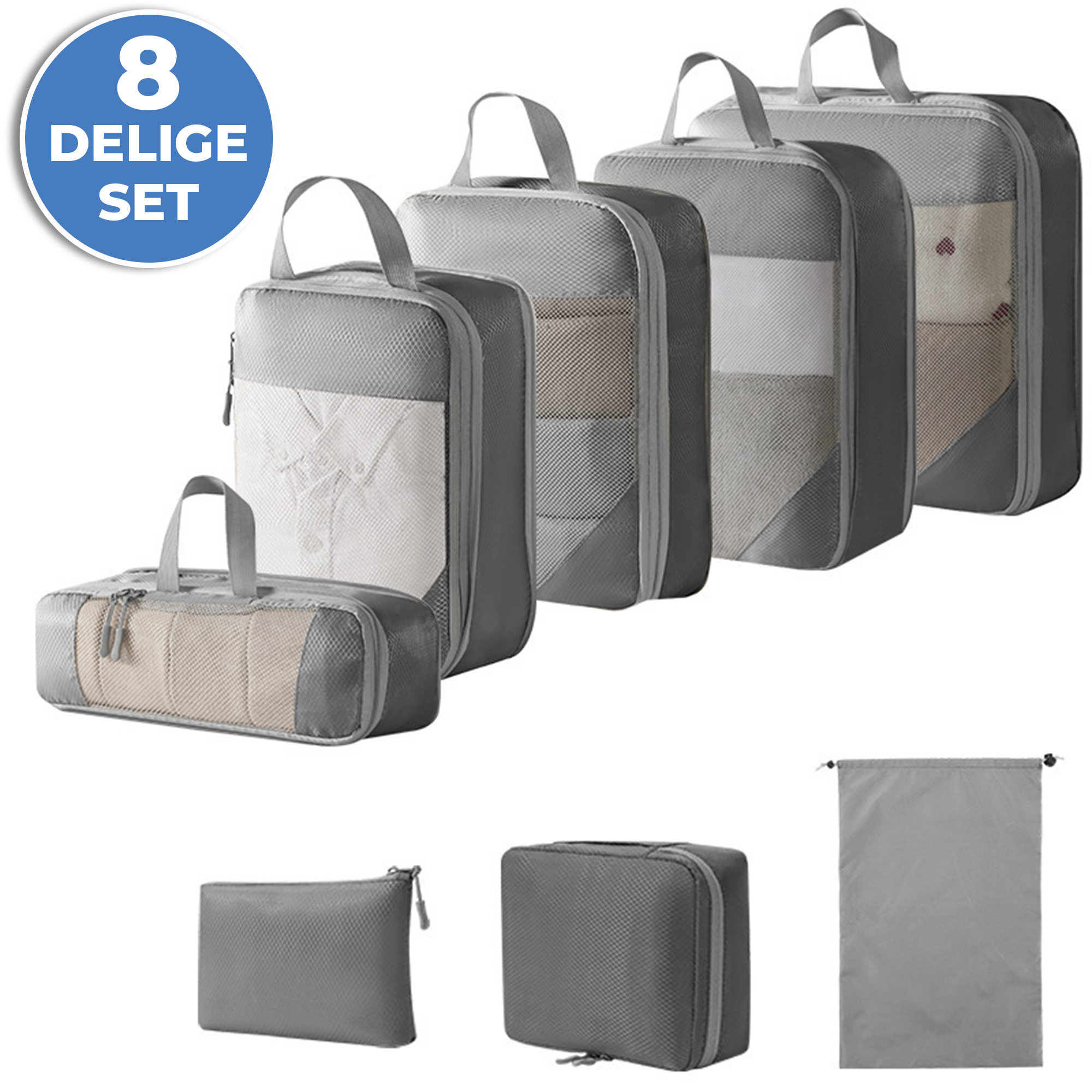 Compression Cubes - Koffer Organizer Set - 8-delig - Kleding en Bagage Organizer - Compressie - Travel Cubes - Reis Accessoires - Voor Tassen en Backpacks - Grijs afbeelding