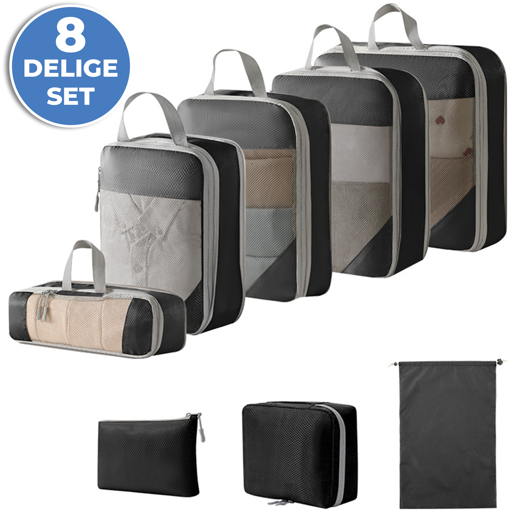 JVS Products Compression Cubes - Koffer Organizer Set - 8-delig - Kleding en Bagage Organizer - Compressie - Travel Cubes - Reis Accessoires - Voor Tassen en Backpacks - Zwart