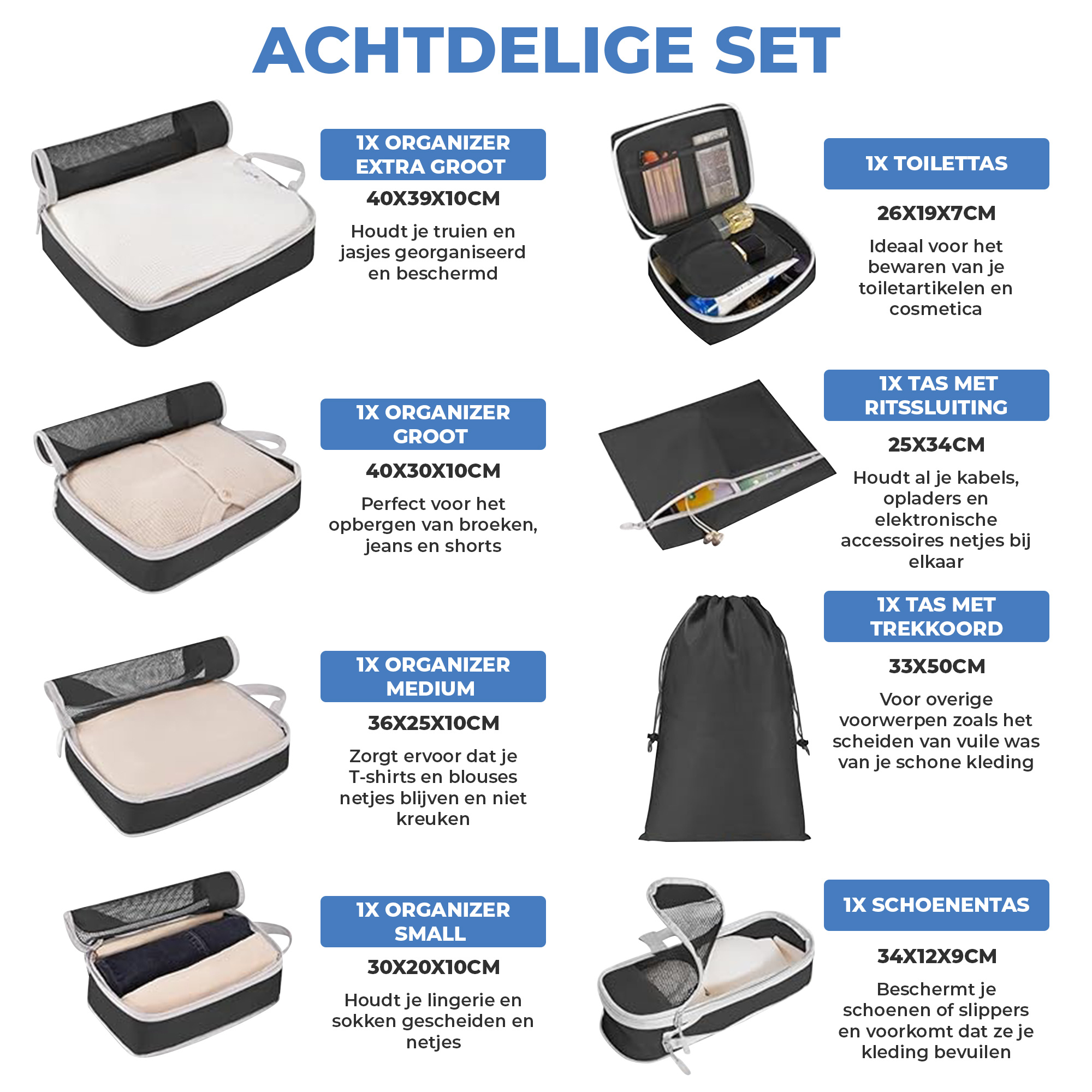 JVS Products Compression Cubes - Koffer Organizer Set - 8-delig - Kleding en Bagage Organizer - Compressie - Travel Cubes - Reis Accessoires - Voor Tassen en Backpacks - Zwart