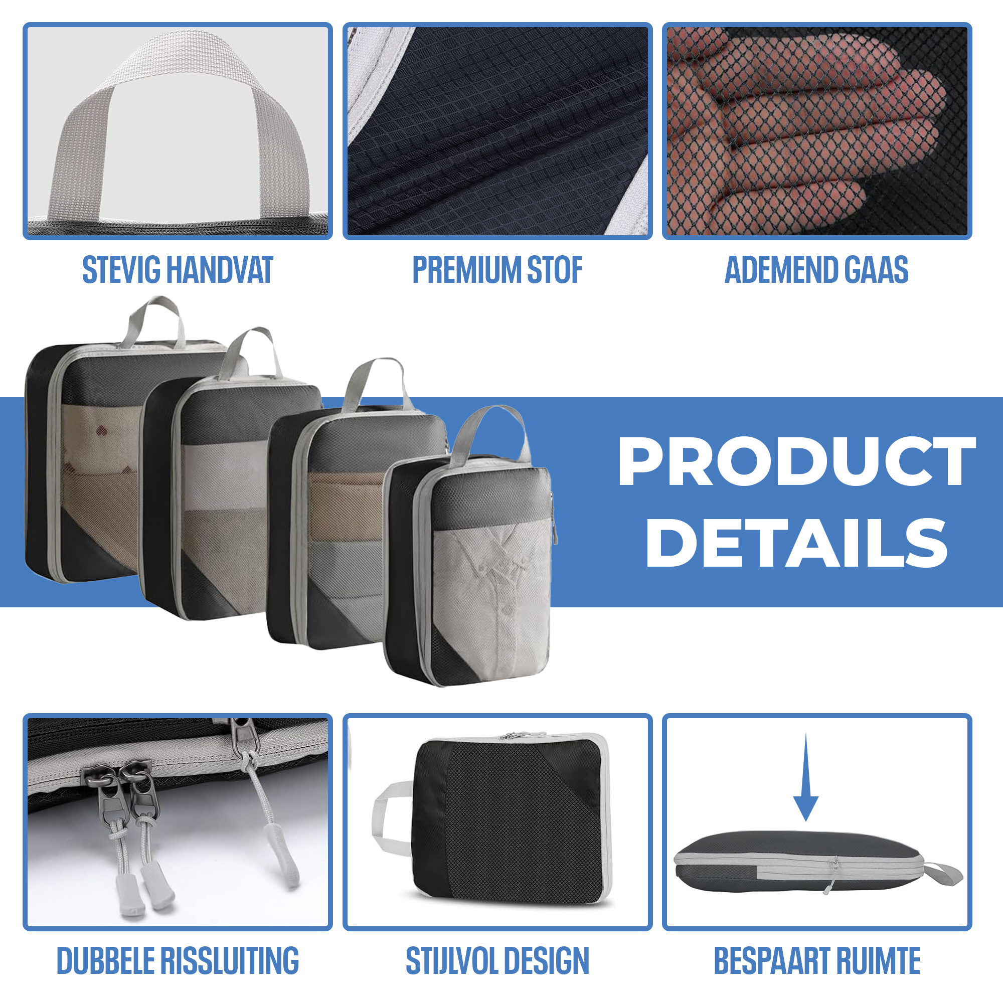 JVS Products Compression Cubes - Koffer Organizer Set - 8-delig - Kleding en Bagage Organizer - Compressie - Travel Cubes - Reis Accessoires - Voor Tassen en Backpacks - Zwart