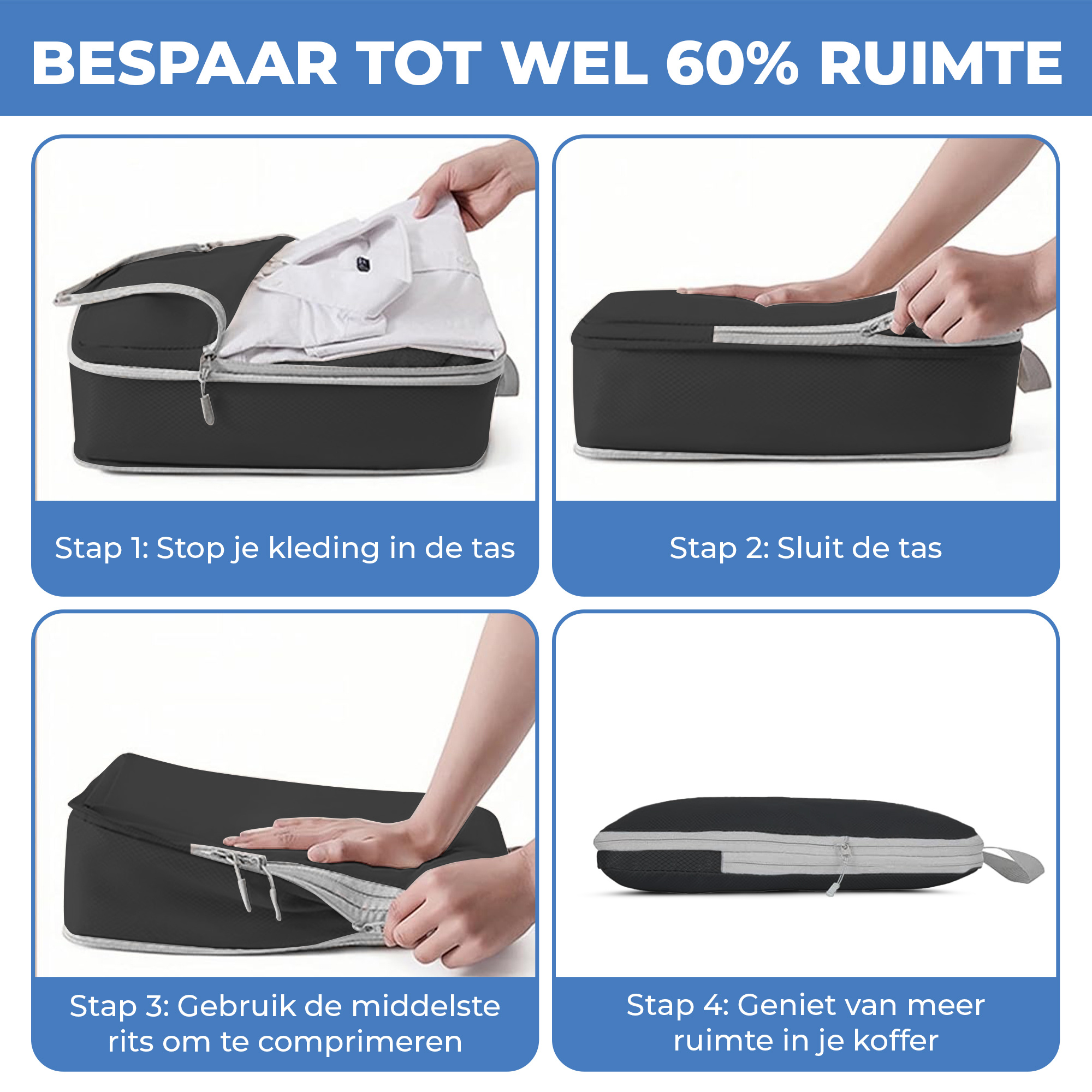 JVS Products Compression Cubes - Koffer Organizer Set - 8-delig - Kleding en Bagage Organizer - Compressie - Travel Cubes - Reis Accessoires - Voor Tassen en Backpacks - Zwart