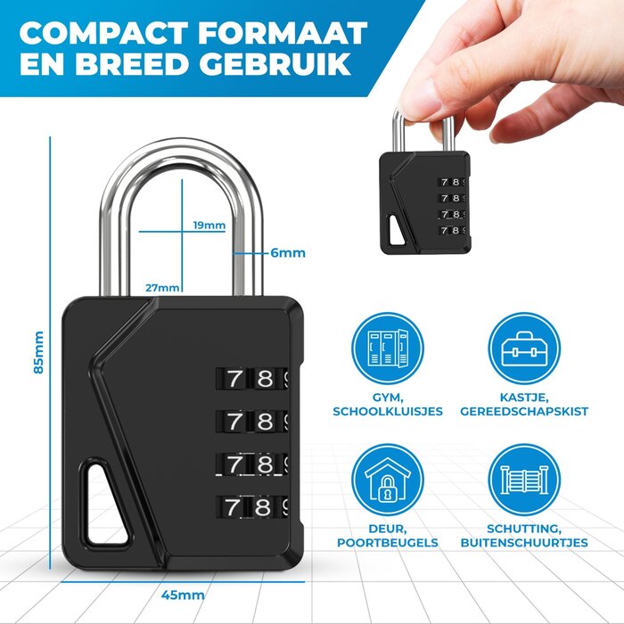 JVS Products Hangslot - Cijferslot - Hangcijferslot - Met Cijfercode - 85mm - Zwart