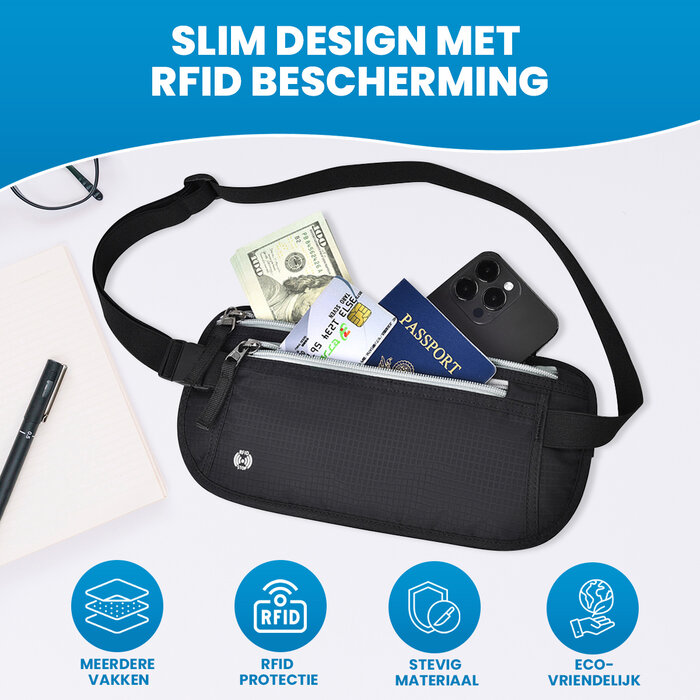 JVS Products Reisportemonnee - Moneybelt - Heuptas met RFID - Waterdicht - Paspoorttasje - Festival Tasje - Documenten Organizer hoes - Zwart