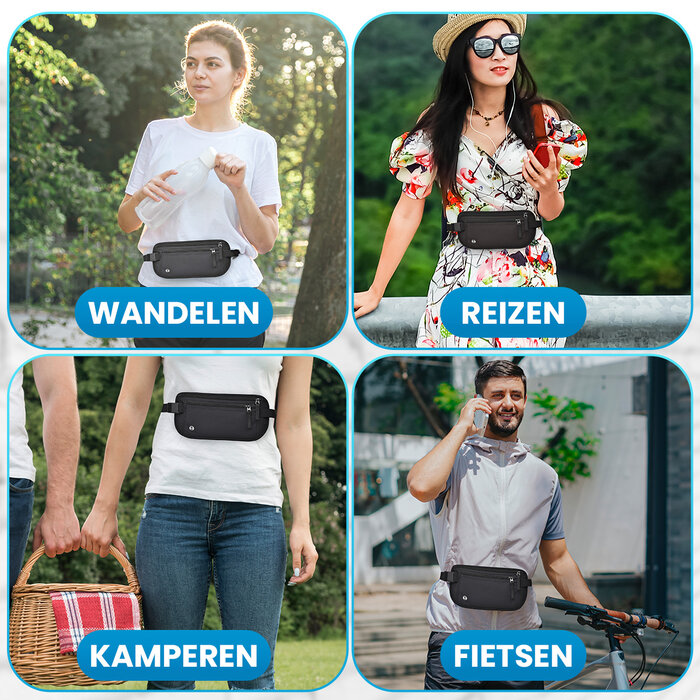 JVS Products Reisportemonnee - Moneybelt - Heuptas met RFID - Waterdicht - Paspoorttasje - Festival Tasje - Documenten Organizer hoes - Zwart