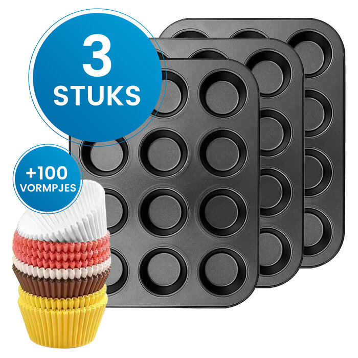 JVS Products Cupcake Tray - 3 Stuks - Inclusief 100 cupcake vormpjes - Muffin bakvormen - Cupcake bakvorm - Non-stick Coating - Opstapelbaar - Voor Muffins, Cupcakes, Mini-quiches - Zwart