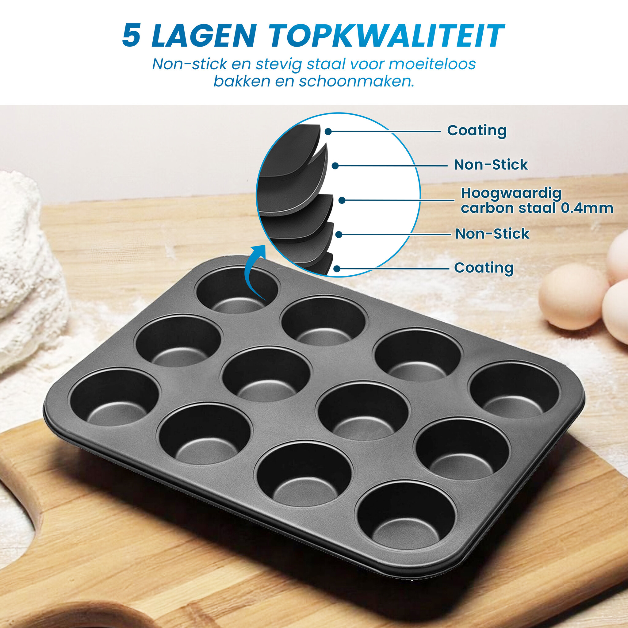 JVS Products Cupcake Tray - 3 Stuks - Inclusief 100 cupcake vormpjes - Muffin bakvormen - Cupcake bakvorm - Non-stick Coating - Opstapelbaar - Voor Muffins, Cupcakes, Mini-quiches - Zwart
