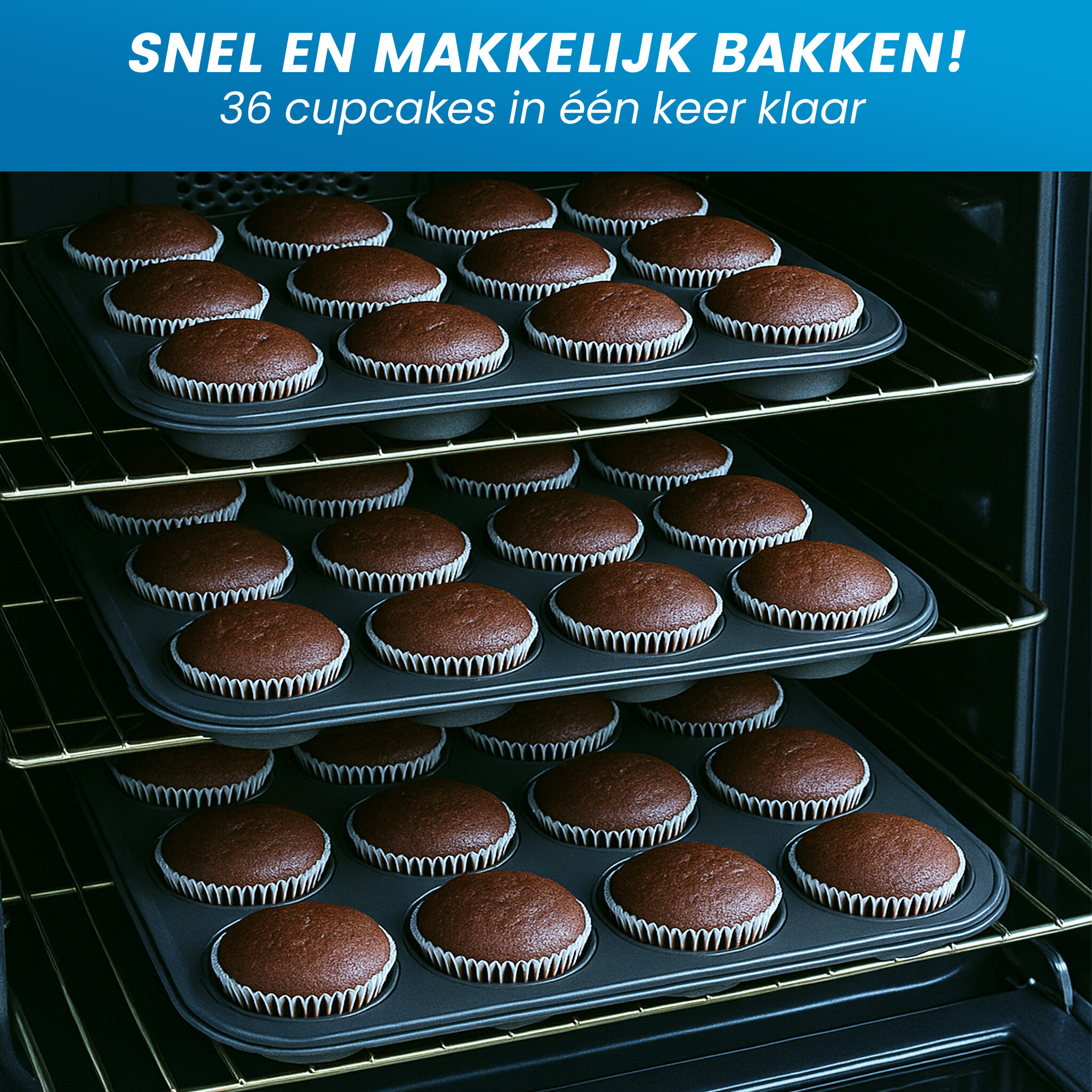 JVS Products Cupcake Tray - 3 Stuks - Inclusief 100 cupcake vormpjes - Muffin bakvormen - Cupcake bakvorm - Non-stick Coating - Opstapelbaar - Voor Muffins, Cupcakes, Mini-quiches - Zwart