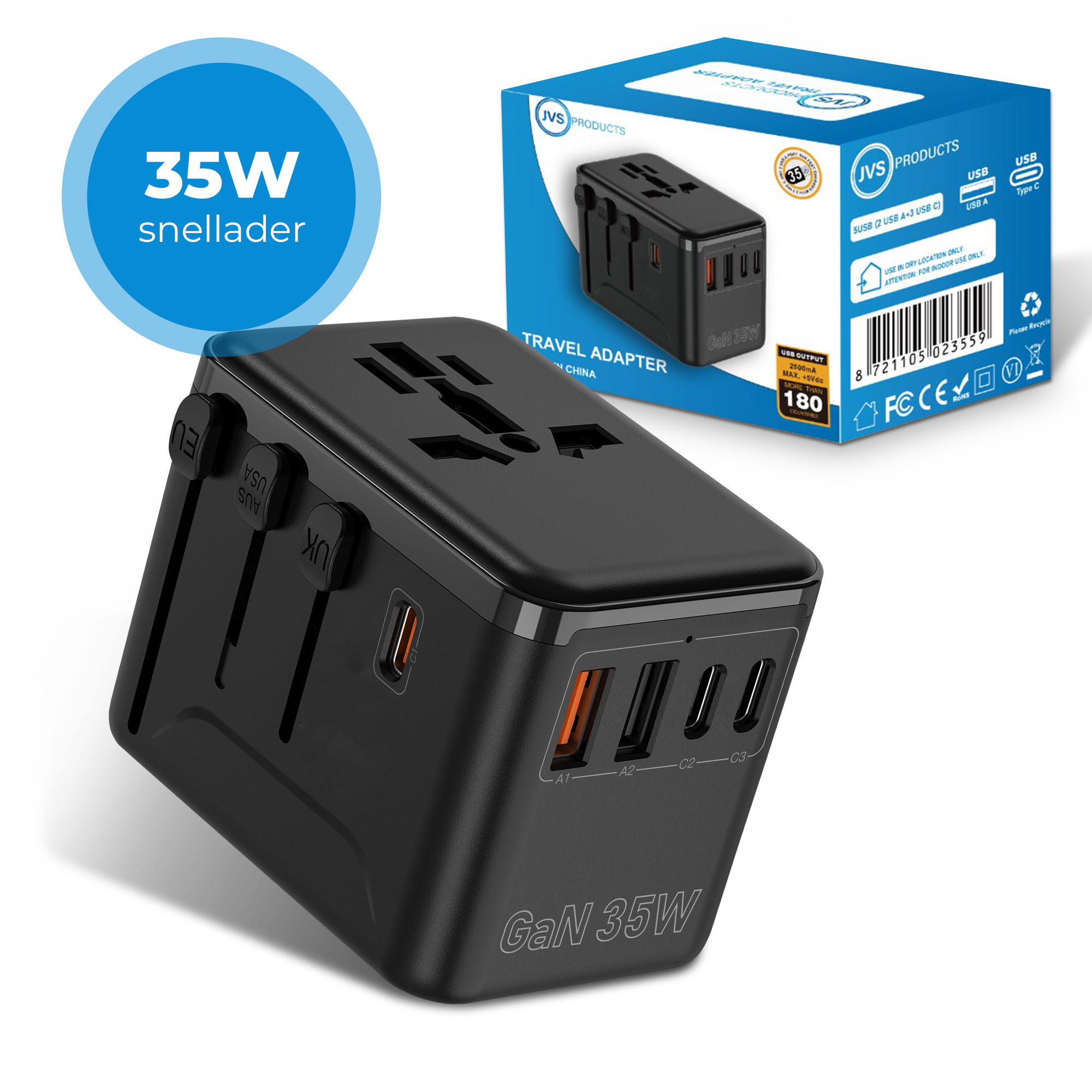 Universele wereldstekker - Snellader 35W - Reisstekker - Internationale Reisadapter - 2x USB-C en 2x USB-A - 180+ Landen - Amerika (USA) - Zuid Amerika - Engeland (UK) - Azië - Europa - Afrika - 2500W - Wereldstekker lichtgewicht - Zwart afbeelding