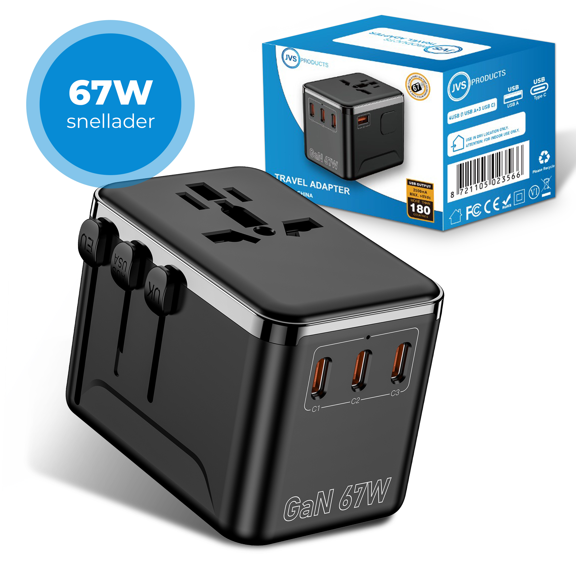 Universele wereldstekker - Snellader 67W - Reisstekker - Internationale Reisadapter - 3x USB-C en 1x USB-A - 180+ Landen - Amerika (USA) - Zuid Amerika - Engeland (UK) - Azië - Europa - Afrika - 2500W - Wereldstekker lichtgewicht - Zwart afbeelding