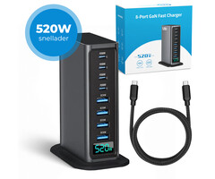 JVS Products 520W 8-poorts USB-oplaadtoren - Laadstation - Snellader 100W - Oplader - 4x USB-C PD Fast Charge 100W - 4x USB-A Quick Charge 30W - GaN Technologie - Inclusief USB-C 100W oplaadkabel - Zwart