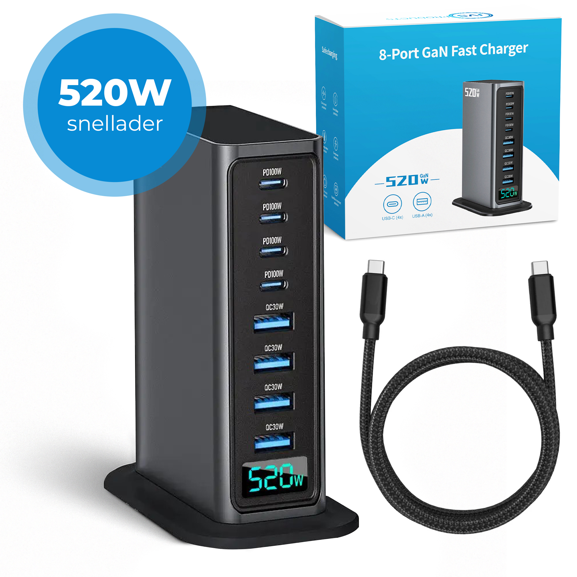 520W 8-poorts USB-oplaadtoren - Laadstation - Snellader 100W - 4x USB-C PD Fast Charge 100W - 4x USB-A Quick Charge 30W - GaN Technologie - Inclusief USB-C 100W oplaadkabel - Geschikt voor iPhone, Samsung, Laptop, etc. - Zwart afbeelding