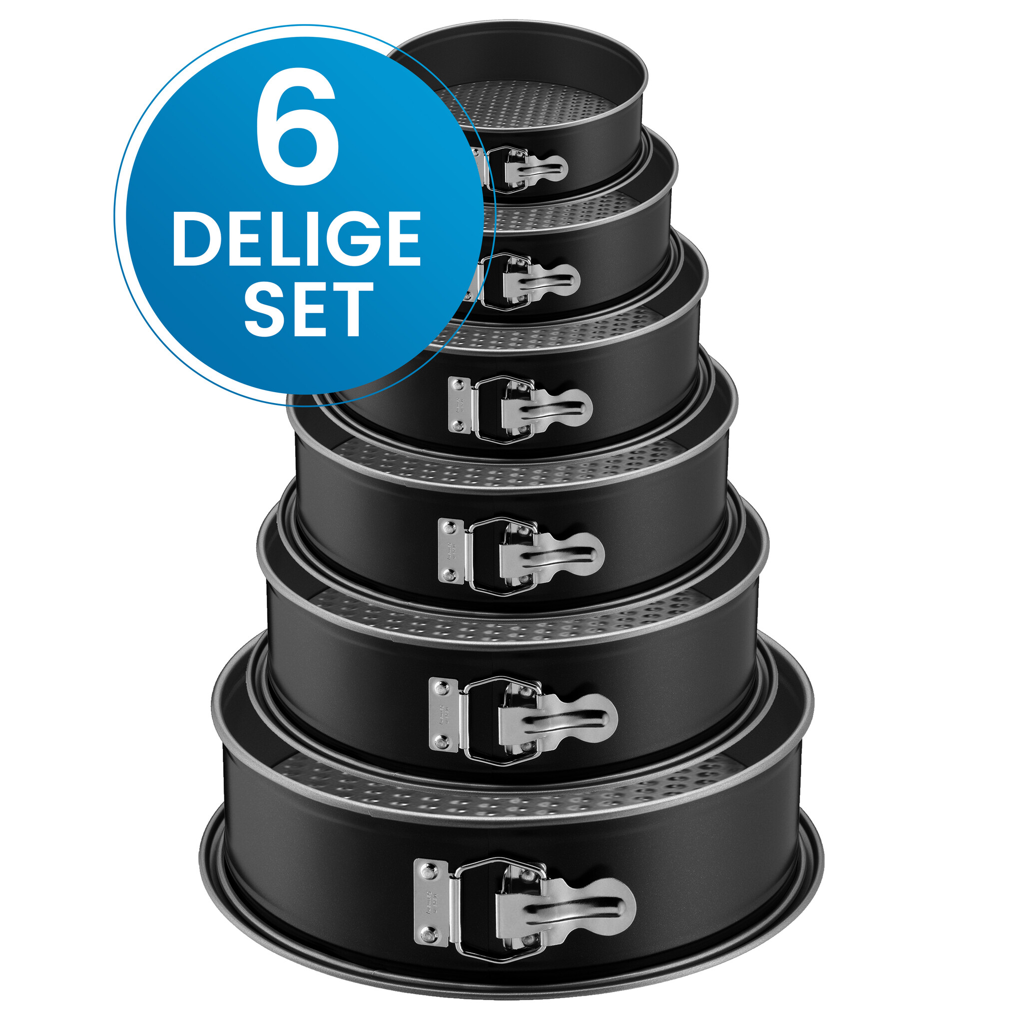 Ronde bakvormen - 6 Delige Set - Taartvormen - Springvorm Set - Non-stick Coating - Ø12 t/m 28 cm - Losse Bodem - Stapelbaar - Voor Cake, Taart, Quiche - Zwart afbeelding