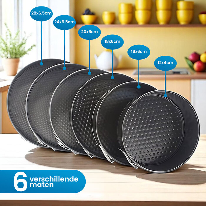 JVS Products Ronde bakvormen - 6 Delige Set - Taartvormen - Springvorm Set - Non-stick Coating - Ø12 t/m 28 cm - Losse Bodem - Stapelbaar - Voor Cake, Taart, Quiche - Zwart