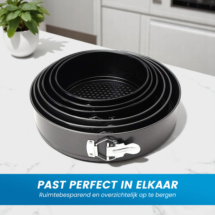JVS Products Ronde bakvormen - 6 Delige Set - Taartvormen - Springvorm Set - Non-stick Coating - Ø12 t/m 28 cm - Losse Bodem - Stapelbaar - Voor Cake, Taart, Quiche - Zwart