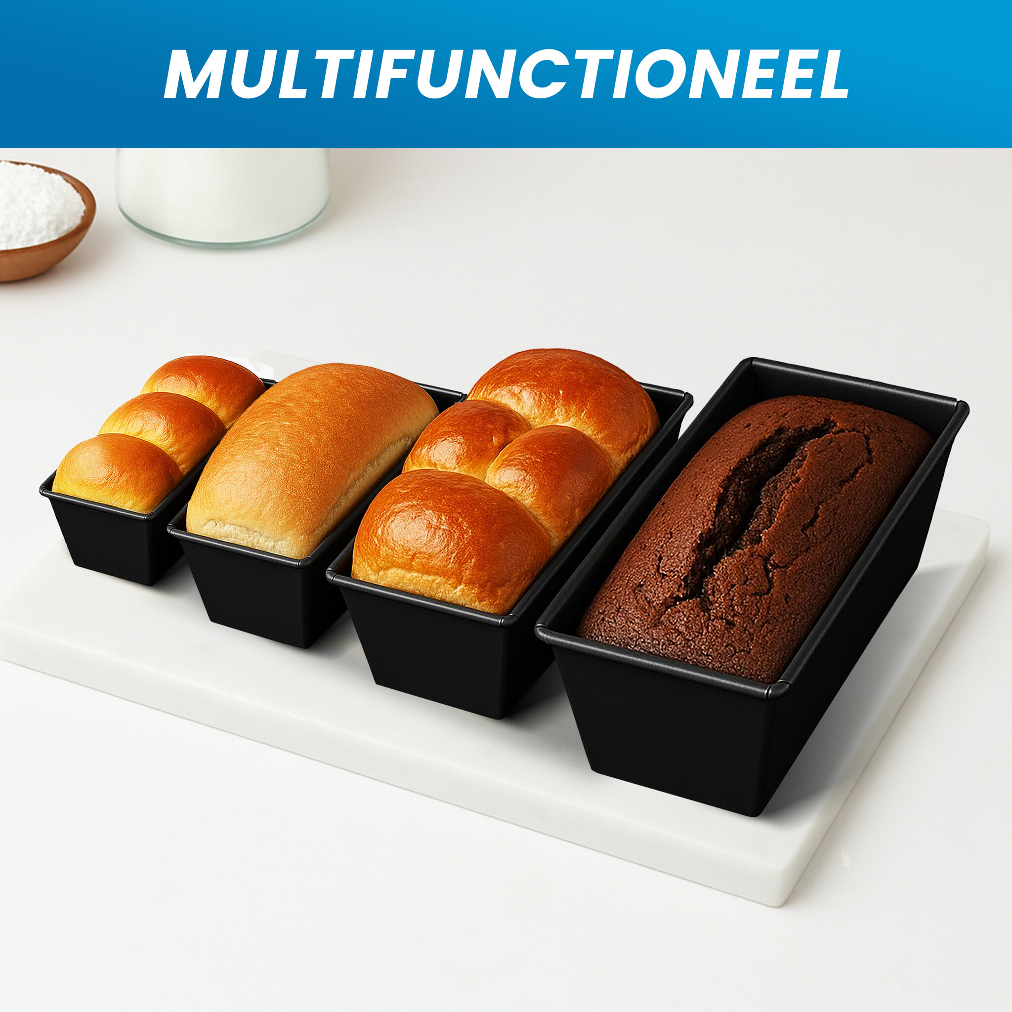 JVS Products Cakevormen - 4 Delige Set - Cakeblik Bakvorm - Broodvormen - Non-Stick Coating - Afmetingen 21 t/m 35 cm - Stapelbaar - Duurzaam bakblik - Ovenbestendig - Zwart