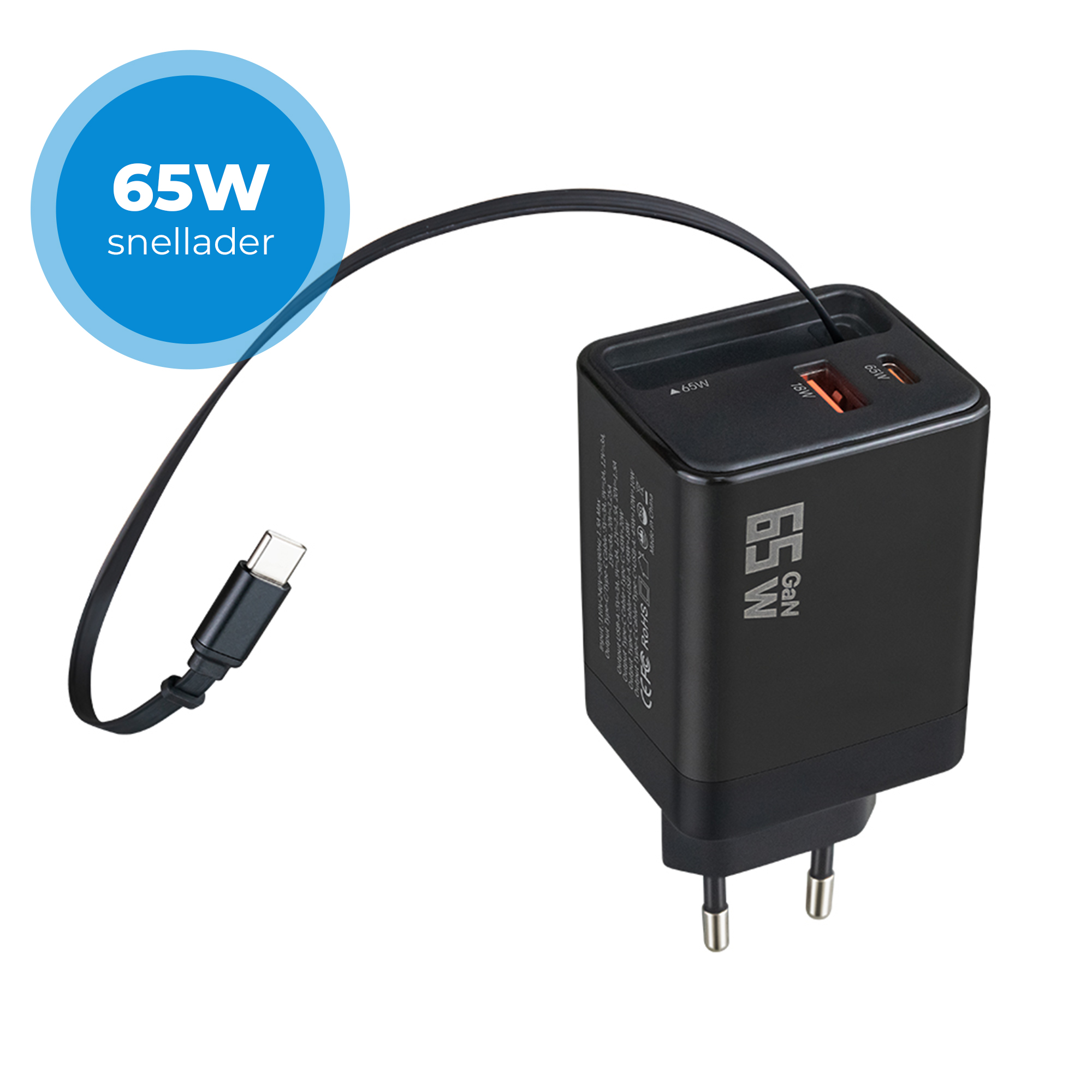 Snellader 65W - Inclusief 65W geïntegreerde USB-C Kabel - 1x USB-C PD Fast Charge - 1x USB-A Quick Charge 3.0 - Oplader 65 Watt - Met kabel - GaN Technologie - USB-C Adapter - Geschikt voor iPhone, Samsung, Laptop, etc. - Zwart afbeelding