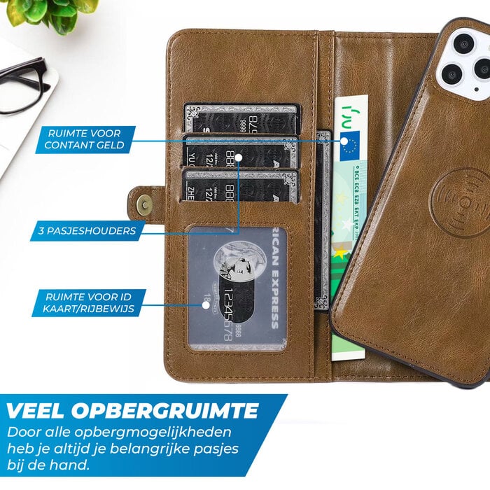 JVS Products iPhone 16e hoesje - Bookcase - Afneembaar 2 in 1 - Backcover - Pasjeshouder - Portemonnee - Kunstleer - Bruin