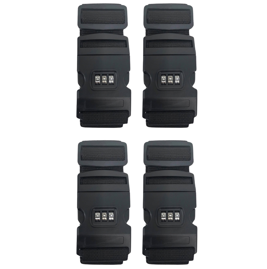 JVS Products Kofferriem met cijferslot en kofferlabel - 4 stuks - Verstelbaar - Bagageriem - 200 Centimeter - Extra Beveiliging - Reizen - Zwart