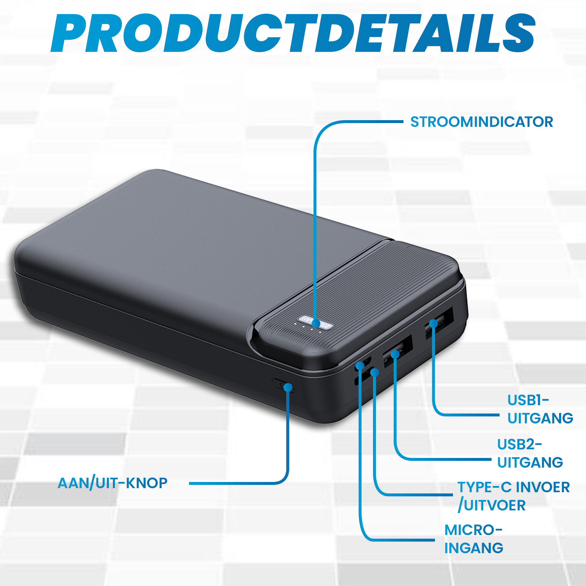 JVS Products Powerbank 20000 mAh geschikt voor Nintendo Switch 2 - 22.5W Snellader - 1x USB C - 2x USB A - 1x Micro USB - USB A naar USB C kabel meegeleverd