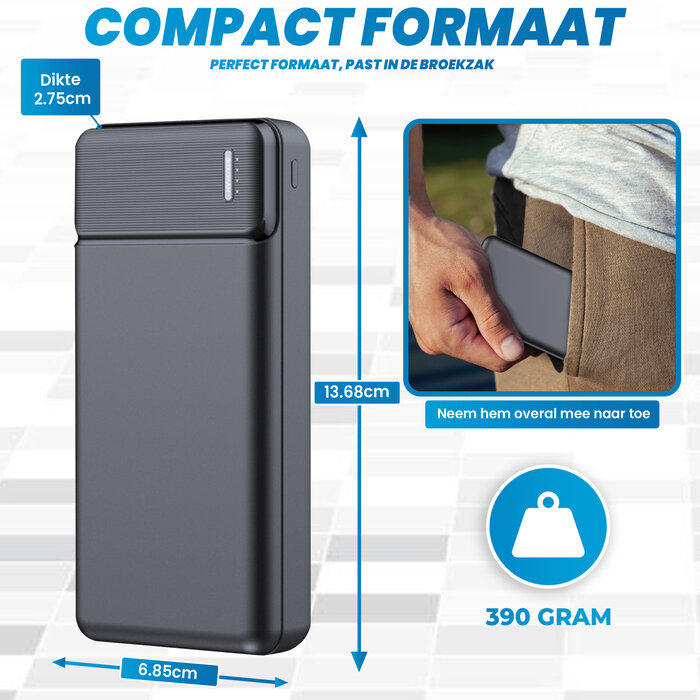 JVS Products Powerbank 20000 mAh geschikt voor Nintendo Switch 2 - 22.5W Snellader - 1x USB C - 2x USB A - 1x Micro USB - USB A naar USB C kabel meegeleverd