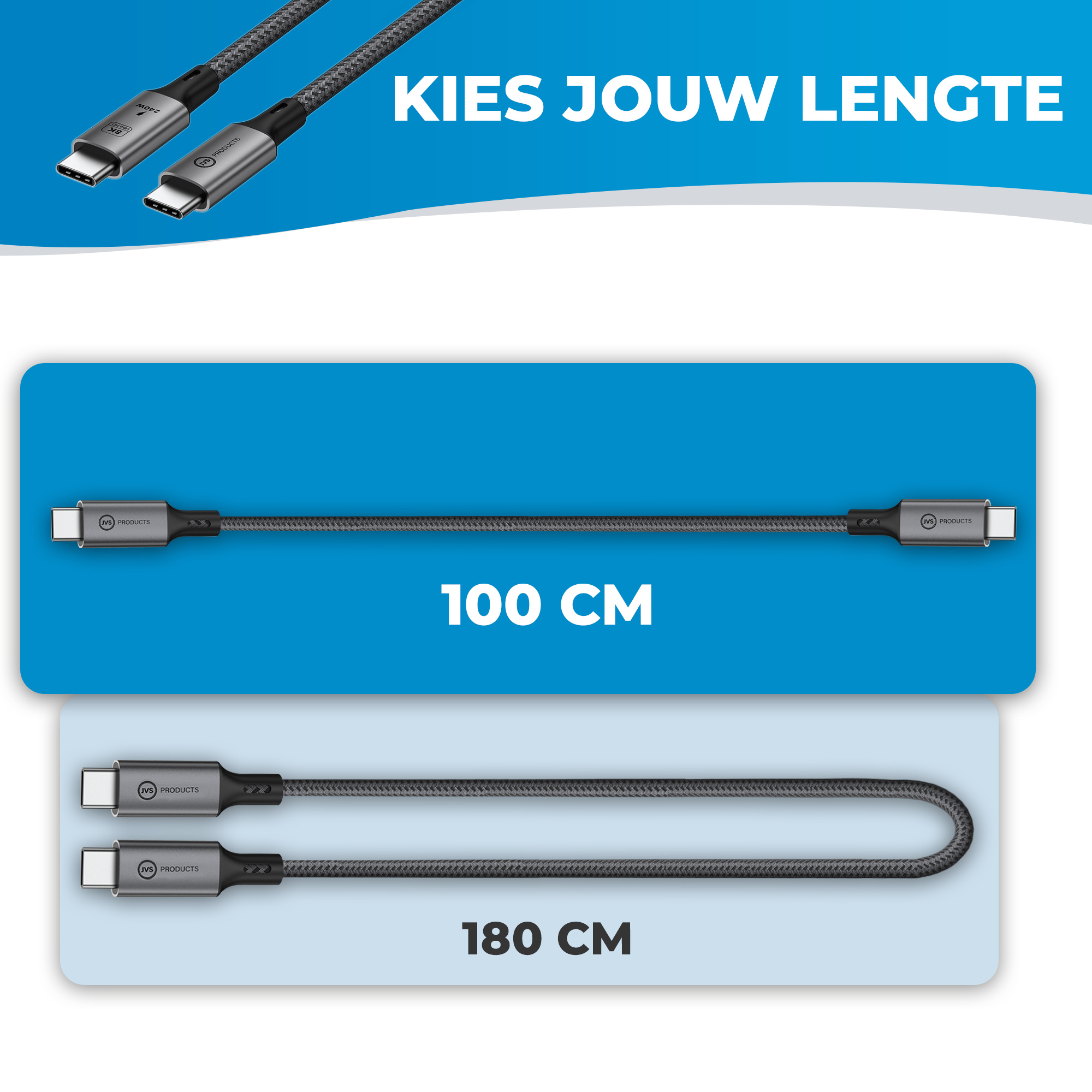 JVS Products USB-C naar USB-C Kabel - 100 CM - 240W Snelladen - Oplaadkabel - Laadkabel - USB 4.0 - 40Gbps - Datakabel - 8K/60Hz en 4K/120Hz - PD Gen 3.1 - Nylon - Zwart