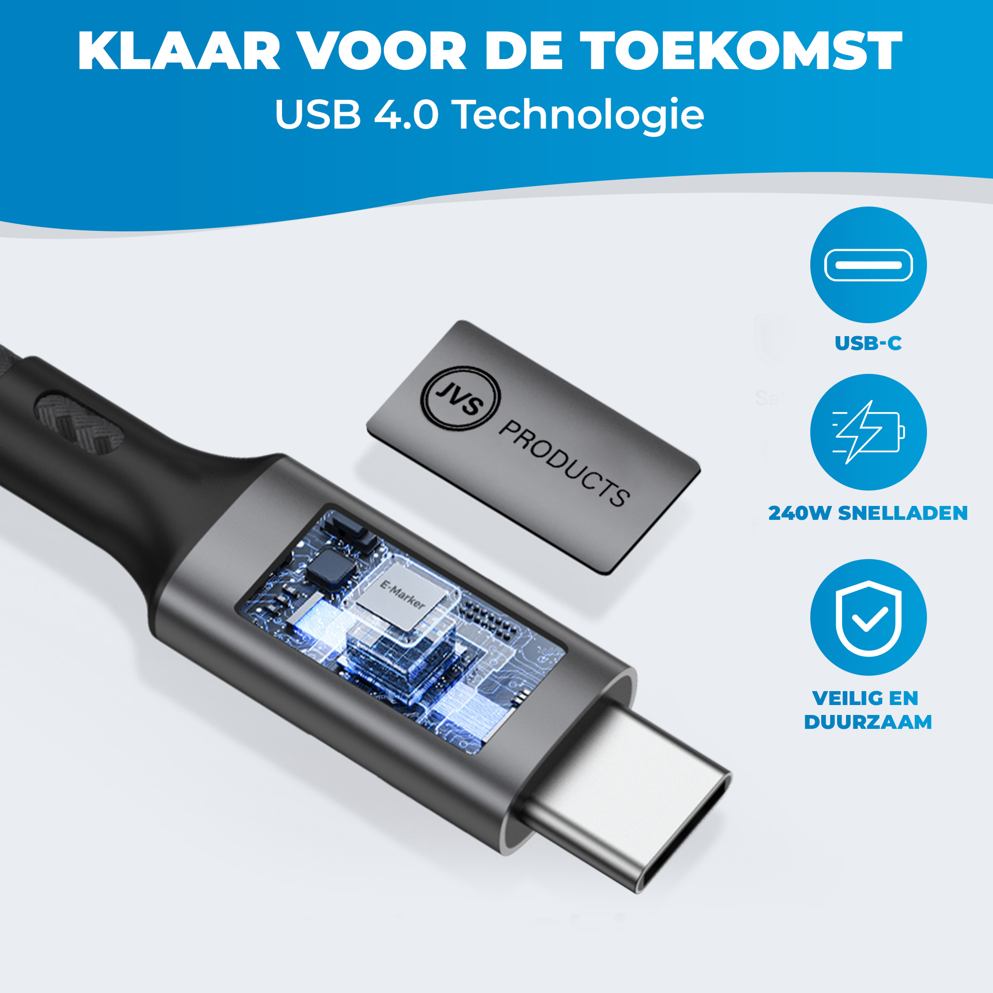 JVS Products USB-C naar USB-C Kabel - 100 CM - 240W Snelladen - Oplaadkabel - Laadkabel - USB 4.0 - 40Gbps - Datakabel - 8K/60Hz en 4K/120Hz - PD Gen 3.1 - Nylon - Zwart