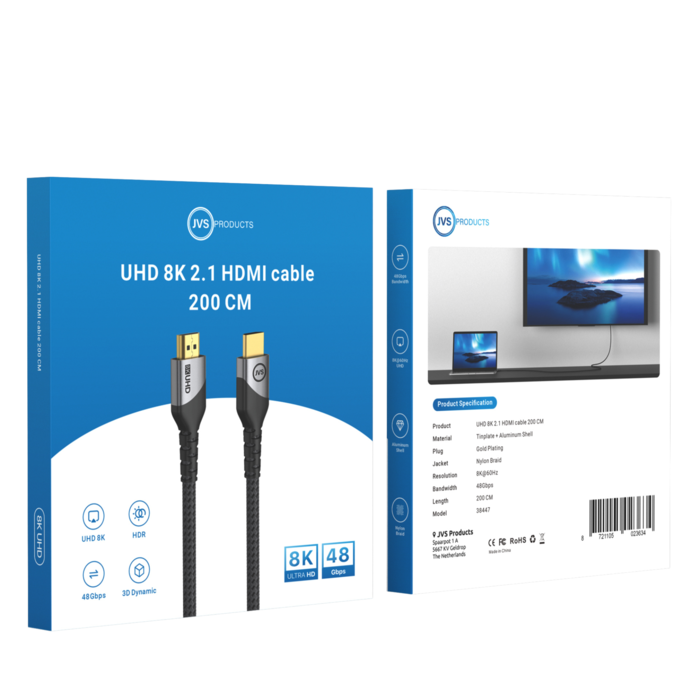 JVS Products HDMI 2.1 Kabel - 200 CM - 8K/60Hz & 4K/120Hz - 48 Gbps - HDMI naar HDMI - Gevlochten Nylon - Kittenbandsluiting - Geschikt voor TV, Monitor, Gaming Consoles Etc. - Zwart