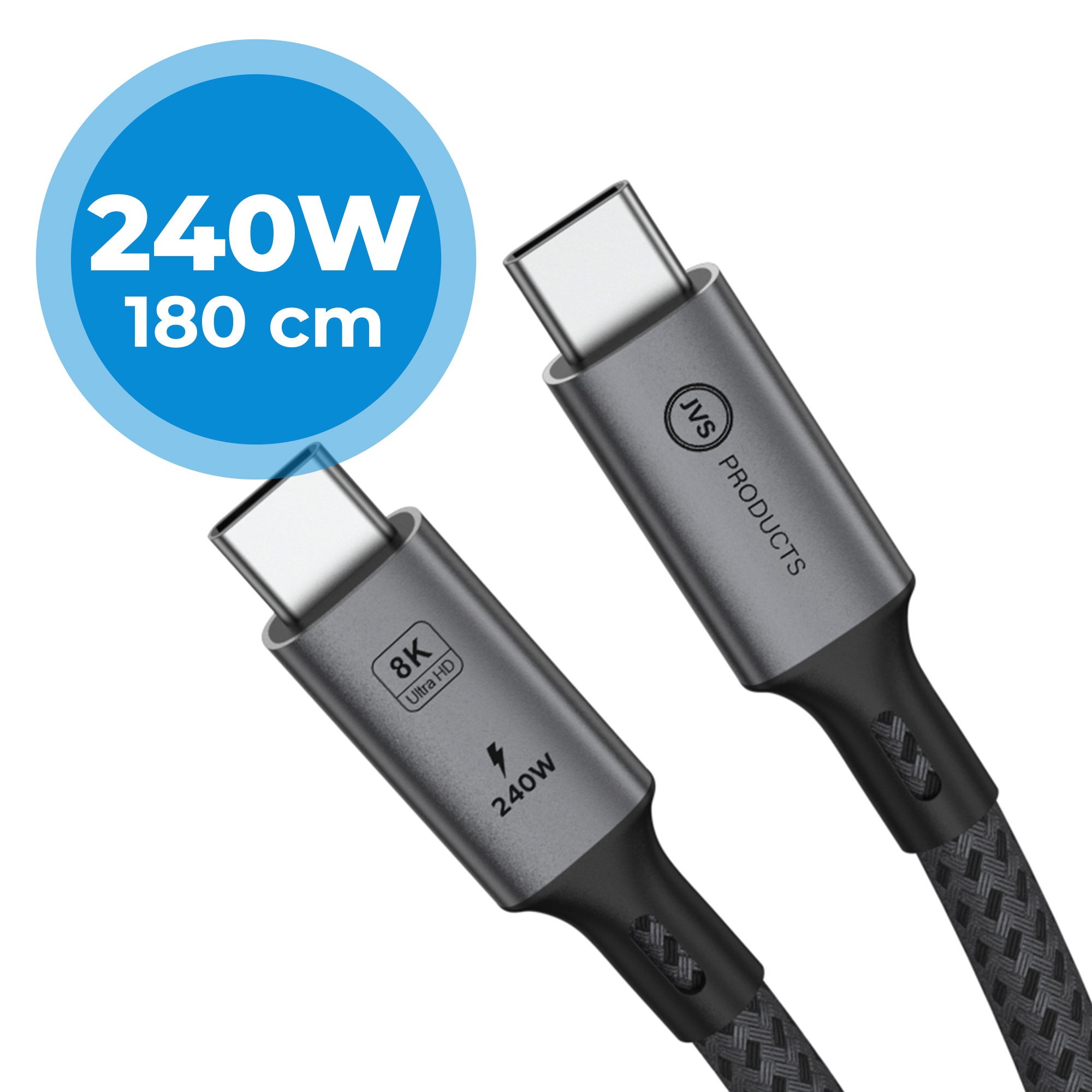 JVS Products USB-C naar USB-C Kabel - 180 CM - 240W Snelladen - Oplaadkabel - Laadkabel - USB 4.0 - 40Gbps - Datakabel - 8K/60Hz en 4K/120Hz - PD Gen 3.1 - Nylon - Zwart