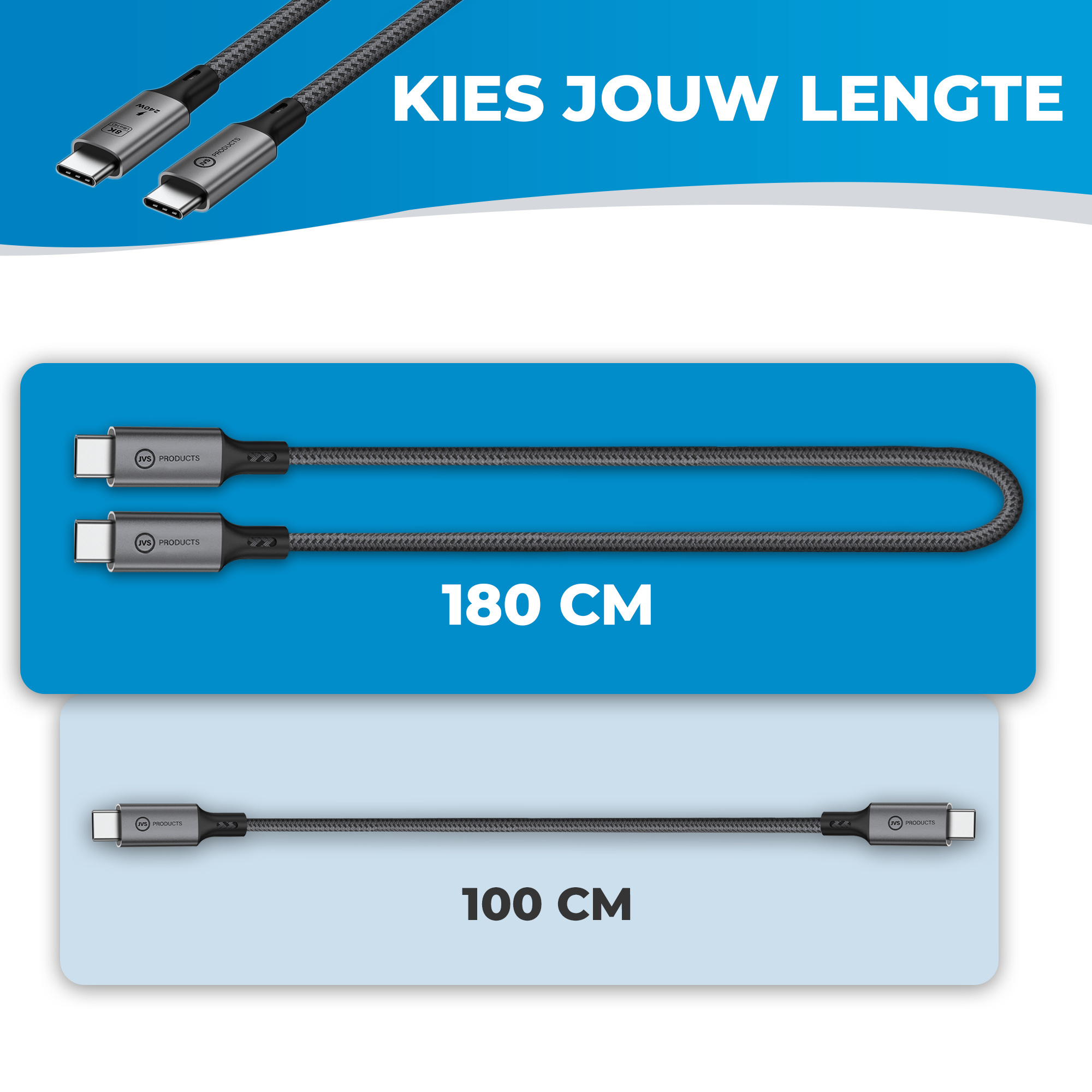 JVS Products USB-C naar USB-C Kabel - 180 CM - 240W Snelladen - Oplaadkabel - Laadkabel - USB 4.0 - 40Gbps - Datakabel - 8K/60Hz en 4K/120Hz - PD Gen 3.1 - Nylon - Zwart