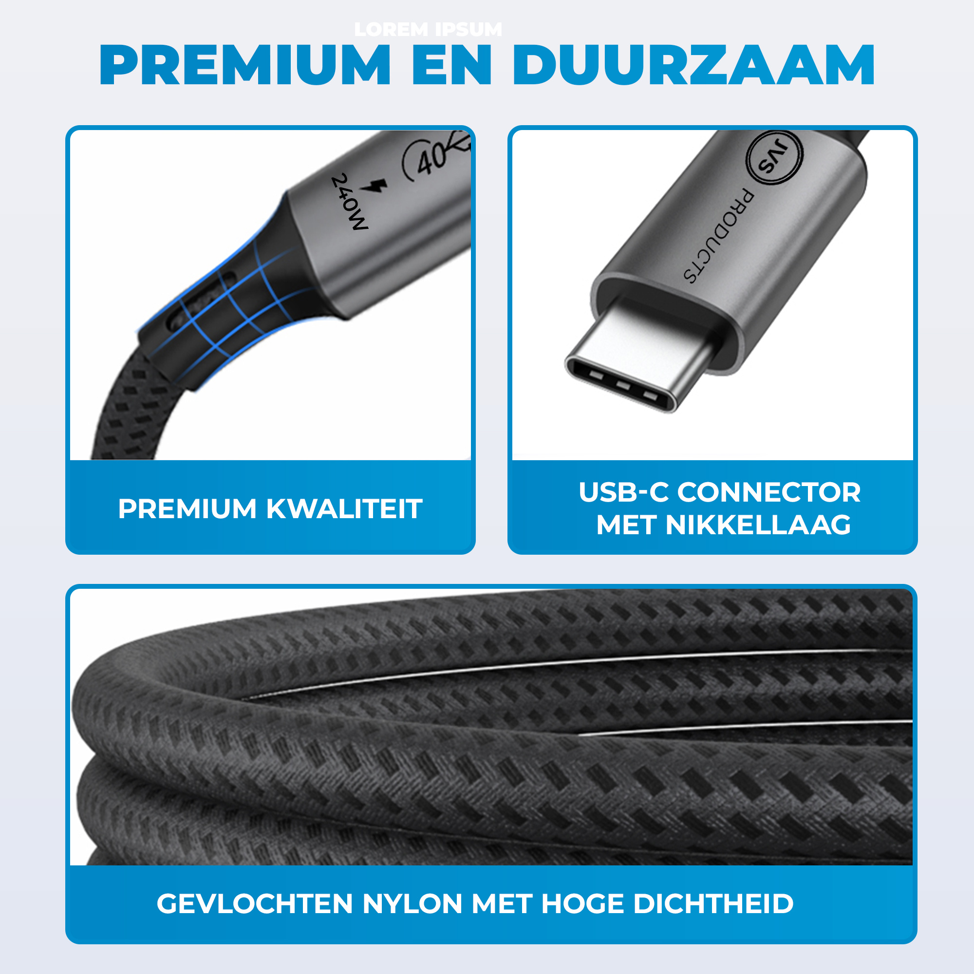 JVS Products USB-C naar USB-C Kabel - 180 CM - 240W Snelladen - Oplaadkabel - Laadkabel - USB 4.0 - 40Gbps - Datakabel - 8K/60Hz en 4K/120Hz - PD Gen 3.1 - Nylon - Zwart