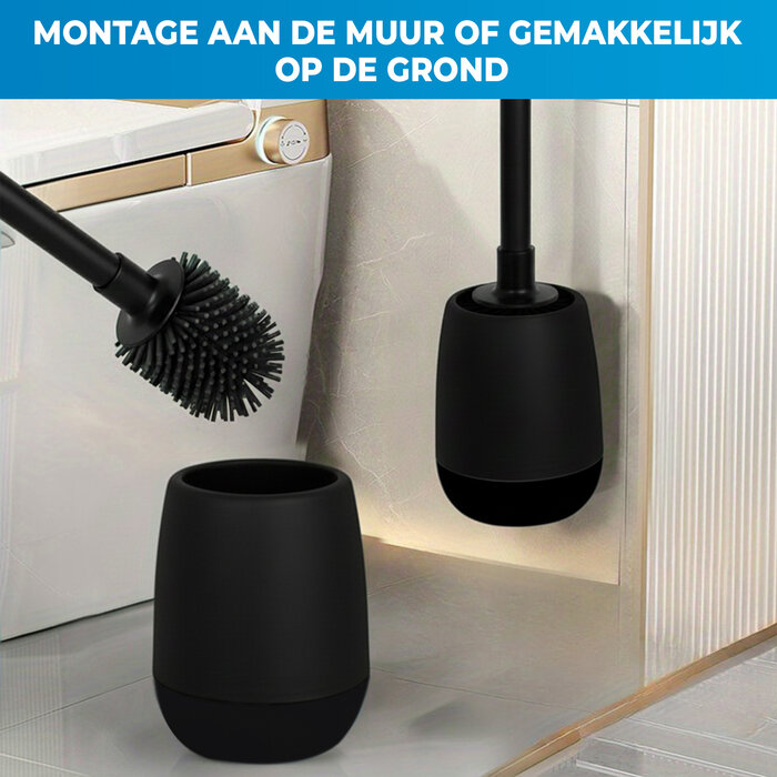 JVS Products Toiletborstel Siliconen met houder - Hygiënisch - Wandmontage - WC Borstel - Extra borstel - Zwart