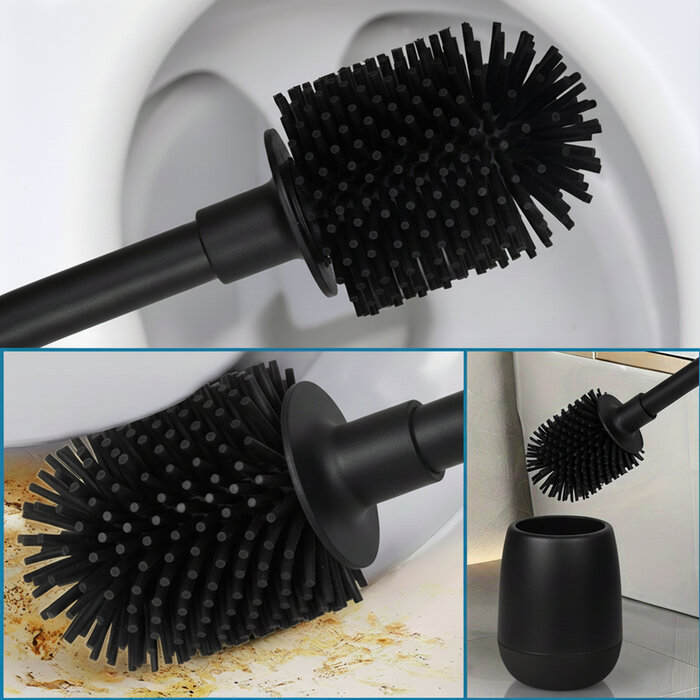 JVS Products Toiletborstel Siliconen met houder - Hygiënisch - Wandmontage - WC Borstel - Extra borstel - Zwart