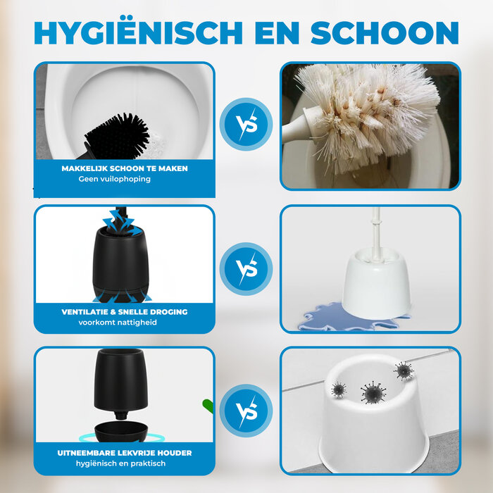 JVS Products Toiletborstel Siliconen met houder - Hygiënisch - Wandmontage - WC Borstel - Extra borstel - Zwart