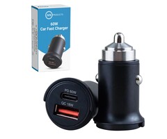 JVS Products Autolader 60W USB C & USB A - Auto oplader - 2 poorten - Snellader - Sigarettenaansteker oplader - Zwart