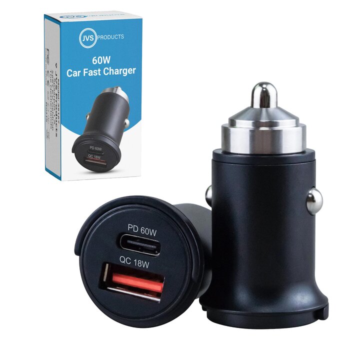 JVS Products Autolader 60W USB C & USB A - Auto oplader - 2 poorten - Snellader - Sigarettenaansteker oplader - Zwart