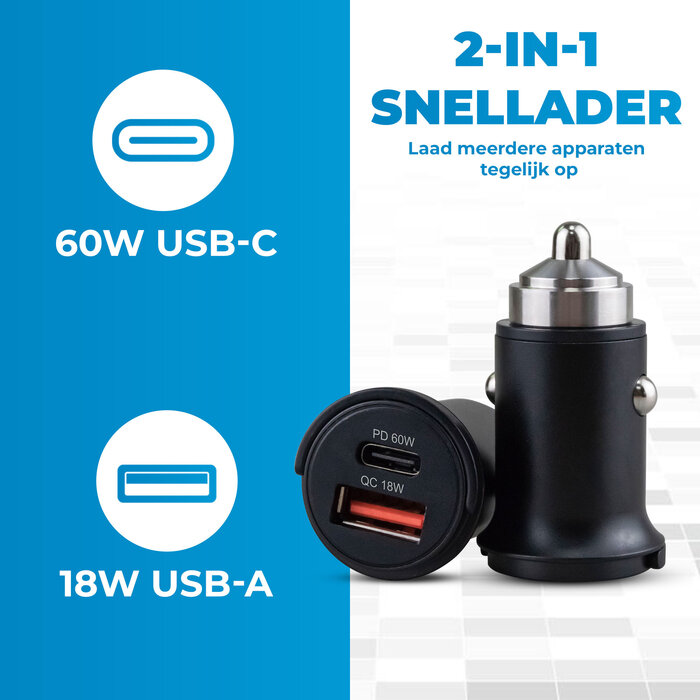 JVS Products Autolader 60W USB C & USB A - Auto oplader - 2 poorten - Snellader - Sigarettenaansteker oplader - Zwart