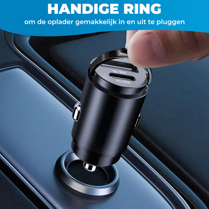 JVS Products Autolader 60W USB C & USB A - Auto oplader - 2 poorten - Snellader - Sigarettenaansteker oplader - Zwart