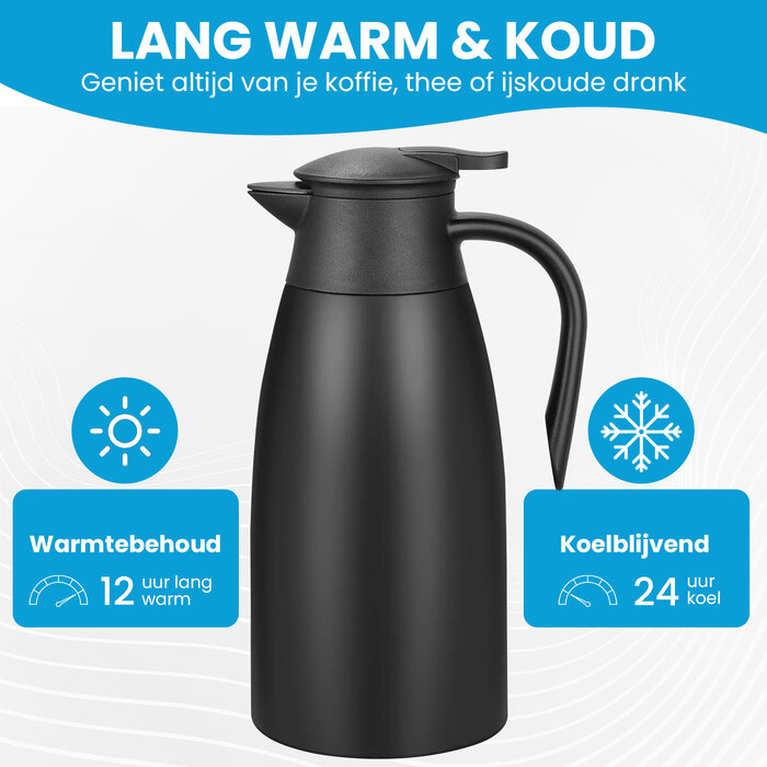 JVS Products Thermoskan - 1,9 Liter - Thermos - Isoleerkan - Koffie en thee - Warm en koud - Zwart