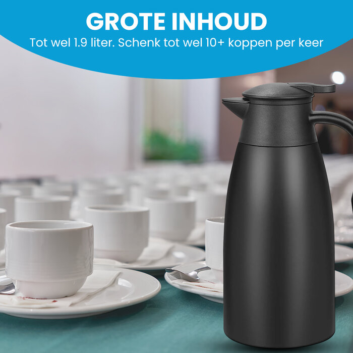 JVS Products Thermoskan - 1,9 Liter - Thermos - Isoleerkan - Koffie en thee - Warm en koud - Zwart